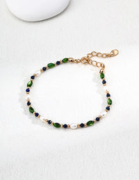 S925 Silver Vintage Rice Grain Pearl Shell Olive Pearl Lapis Stone Bracelet
